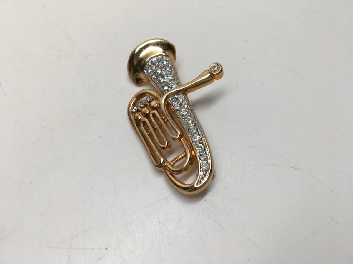 VTG GOLD TONE CLEAR RHINESTONE TUBA MUSICAL INSTRUMENT BROOCH