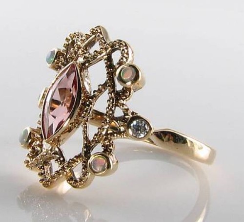 LARGE 9CT GOLD PINK TOURMALINE OPAL & DIAMOND RING FREE RESIZE - Picture 4 of 5