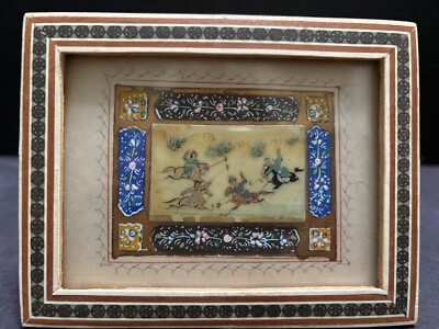Miniature Khatam Framed Picture of Persian Men Playing Polo on Horseback 5''x4''