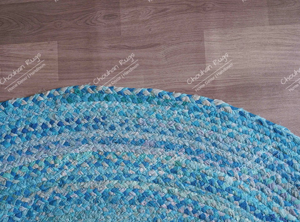Custom Size Handwoven Round Turquoise Cotton Chindi Rug Vintage Home Decor Rug - Image 3 of 4