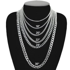 16-30" Stainless Steel Silver Chain Cuban Curb Womens Mens Necklace 3/5/7/9/11mm