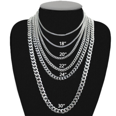16-30'' Stainless Steel Silver Chain Cuban Curb Womens Mens Necklace 3/5/7/9/11mm