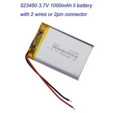 3.7V 1000mAh 3.7Wh Rechargeable Li Lipo Battery 523450 Li-ion JST 2pin Connector