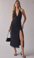 Urban Outfitters UO Deep Plunge Halter Ruched Mesh Midi Dress Black Polka Dot L