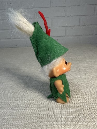 Vintage 60er Jahre DAM TROLL Puppe rosige Wangen gelbe Haare. Orange Augen Robbin Hood? - Bild 4 von 12