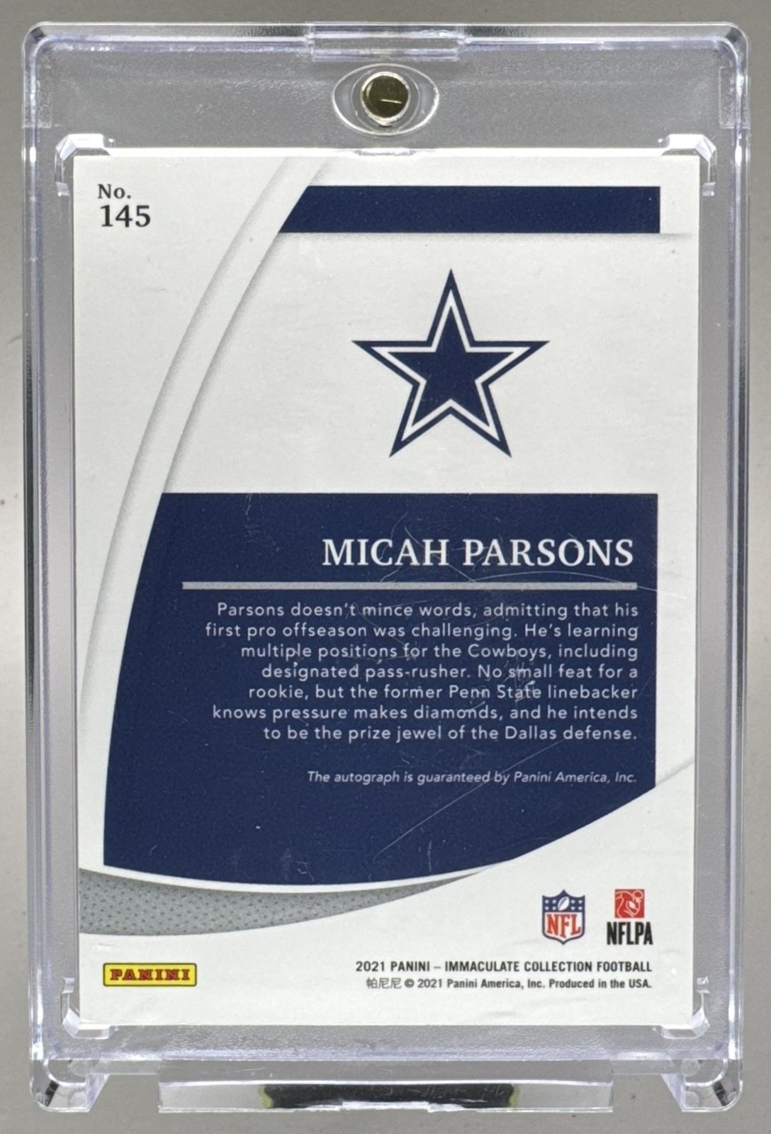 Micah Parsons 2021 Panini Immaculate #145 Platinum Rookie RC Auto 1/1 view 2