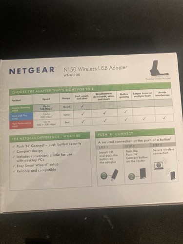 Netgear N150 Wireless USB Adapter WNA1100, complete w/cradle, software open box - Photo 2/5