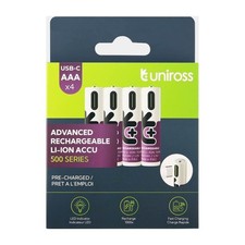 4 x UNIROSS AAA 500mAh Lithium USB-C Rechargeable Batteries Li-ion - Pre Charged 3.56 per battery
