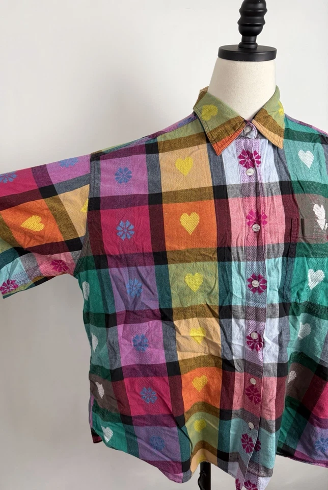 Camisa de retazos vintage años 90 para mujer 2X 2XL talla grande con botones corazones coloridos Foto 3 de 4