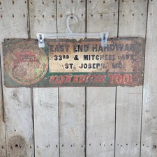 Vtg Keen Kutter Tools East End Hardware St Joseph MO Embossed Metal Sign RUSTY