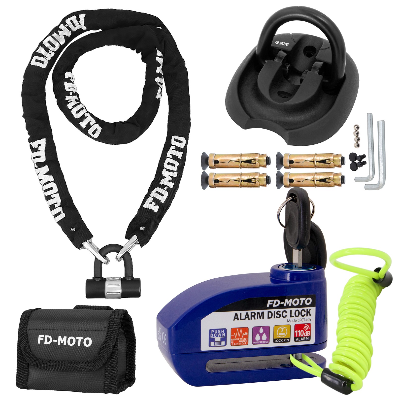 FD-MOTO CE Alarm Disc Lock & 2M*10mm Motorcycle Chain Lock U-Lock Ground Anchor
