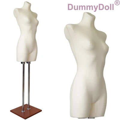 DUMMYDOLL Schneiderpuppe Schaufensterpuppe Damen lang, Überzug creme/ecru, Fuß Holzplatte
