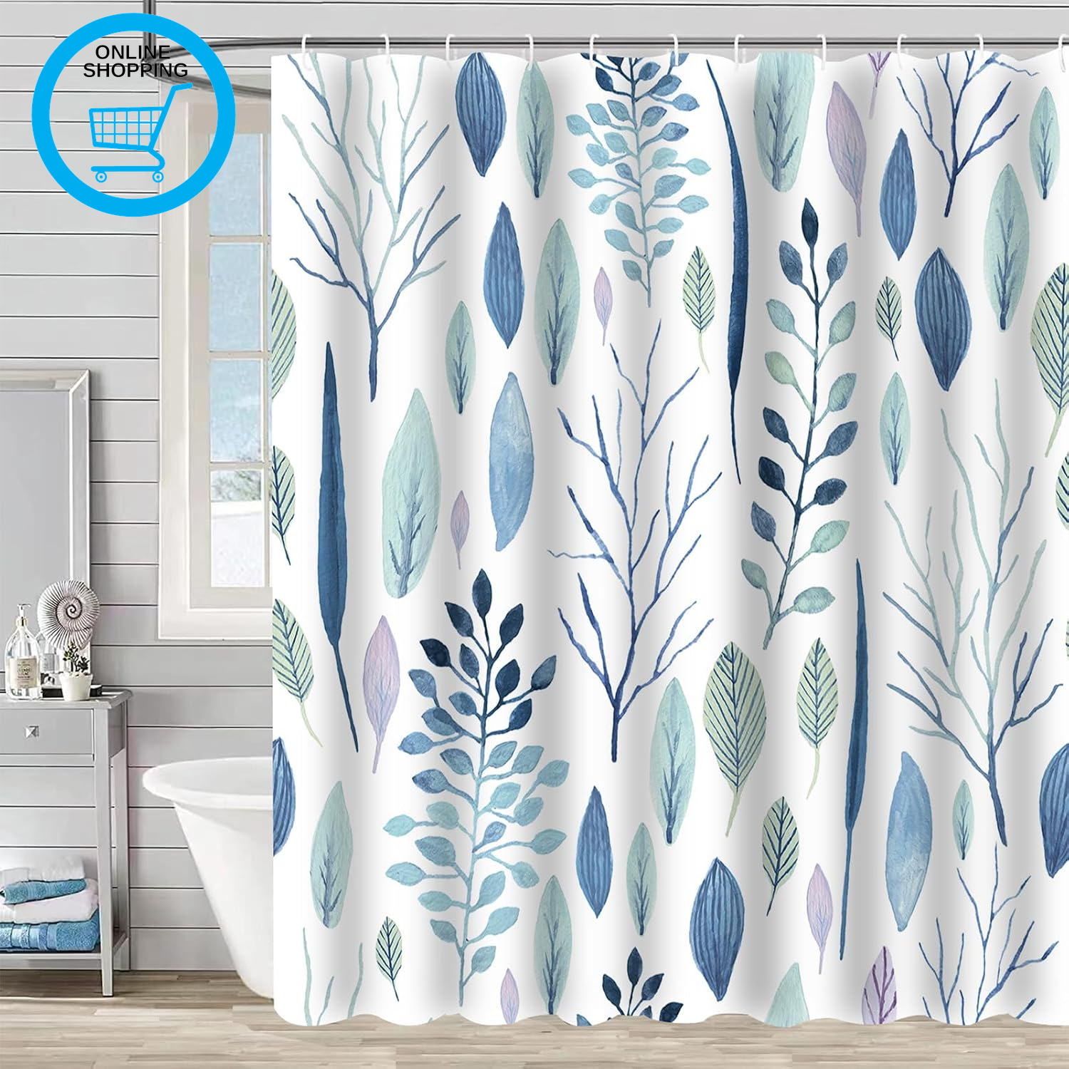 Blue Shower Curtain Polyester Fabric Shower Mould and Mildew Resistant Curtain 1