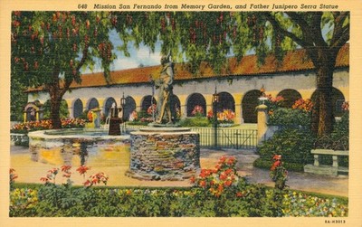 Mission San Fernando Memory Garden Father Serra Statue Linen Postcard CA