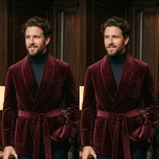 Burgundy Men Smoking Jacket With Belt Velvet Dinner Evening Party Men Coat