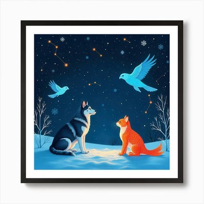 Zwei Hunde und eine Katze Kunstdruck gerahmt Wandbild Poster Leinwanddruck Bild