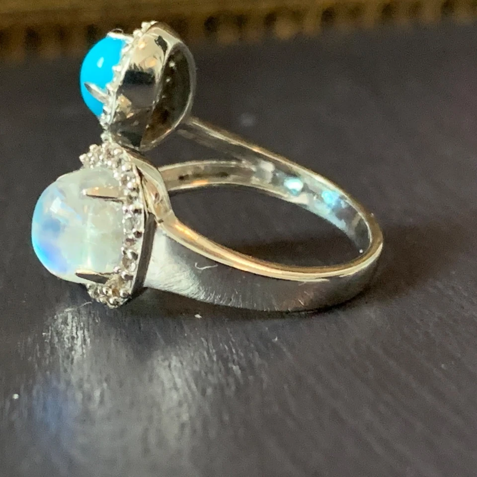 Colleen Lopez Ring Sterling Silver Blue Topaz Turquoise Moonstone Size 7.5 Adjus - Image 3 of 4