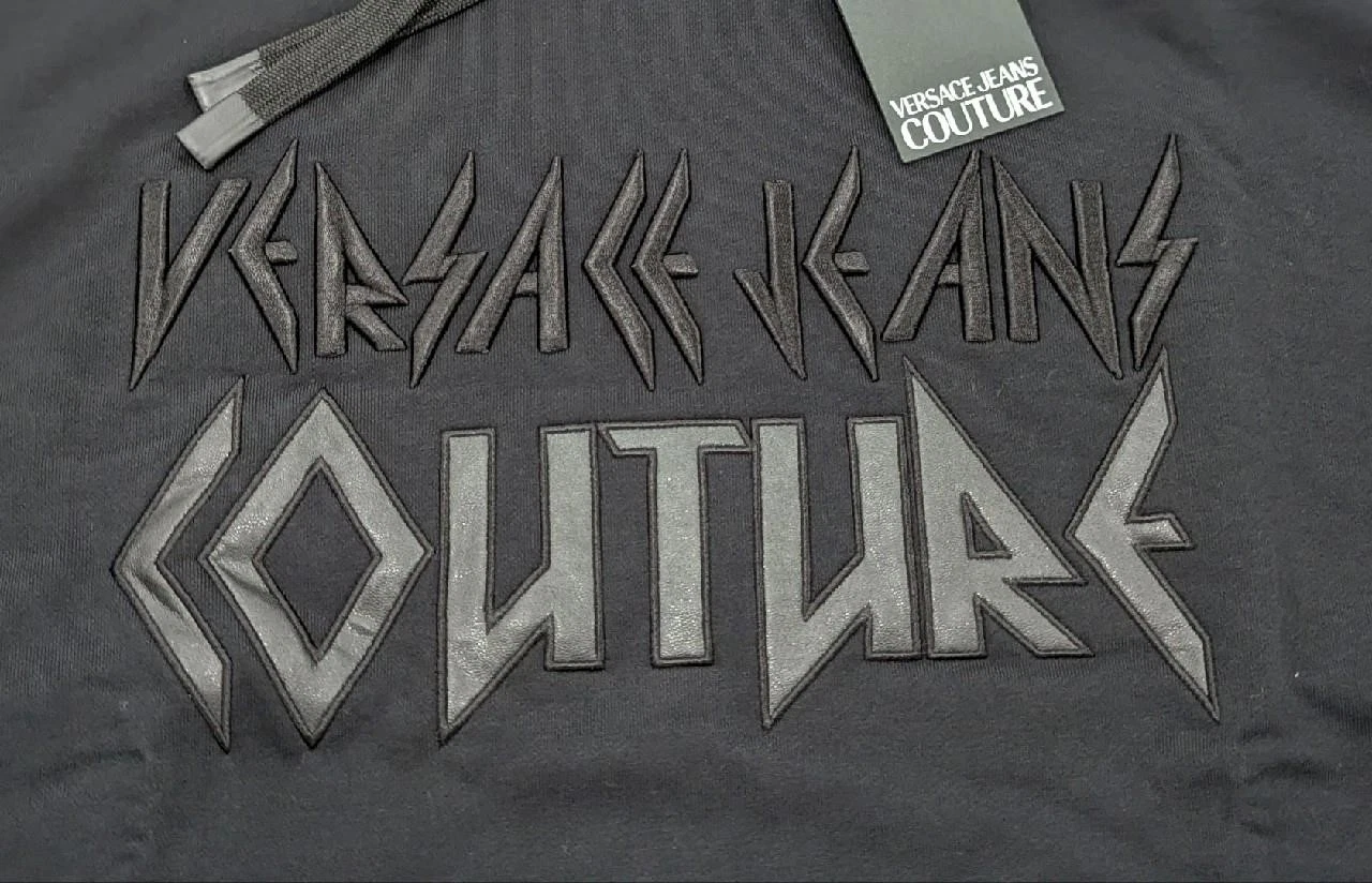 $375 Uomo Versace Jeans Couture Tonal Logo Pullover Pile Felpa con Cappuccio Nero Medium