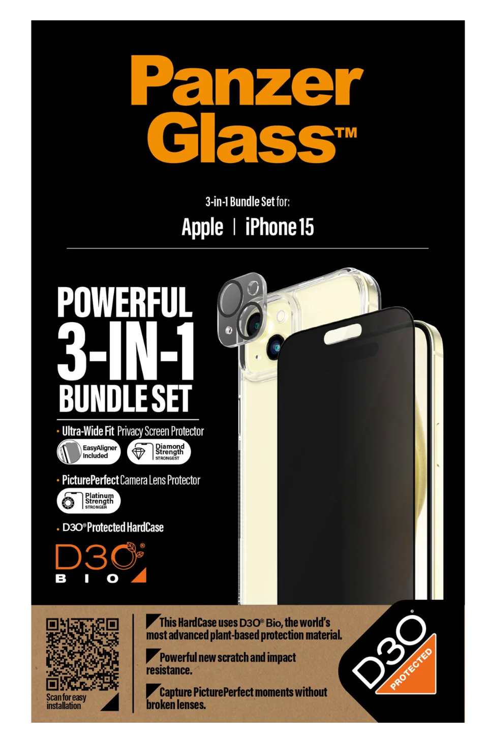 PanzerGlass Privacy 3-in-1-Pack iPHONÈ 15 Back Case+Camera Lens+Screen Protector