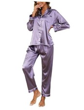 Womens Silk Pajamas Set Button Down Silk Pjs Long Sleeve and Pants Large Purple