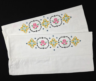 Pair Pillowcases Handmade Embroidered With Hemstitching 30" x19" Vintage Cottage