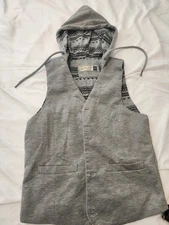 Women's Original Fly By Night Hooded Vest Grey Pockets Button Down Size S