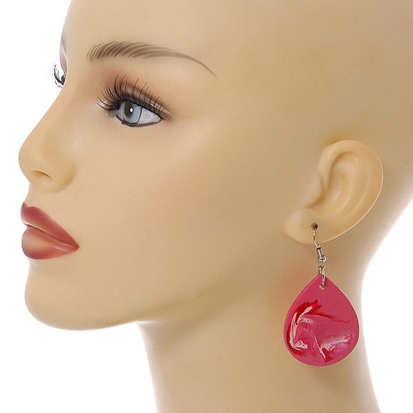 Long Teardrop Shaped Wooden Earrings in Pink/ White/ 60mm Tall - Image 4 of 4