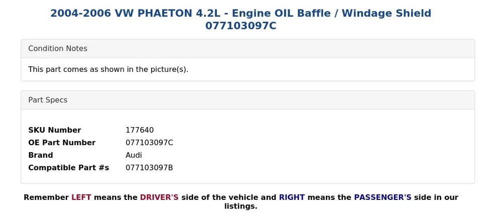 VW PHAETON 2004-2006 4,2 L - Deflector de aceite del motor/escudo contra el viento 077103097C Foto 3 de 4