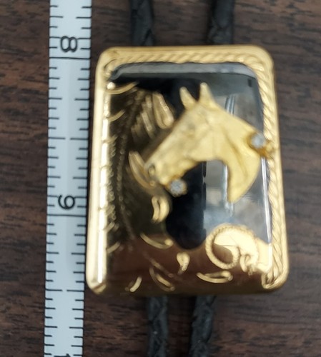 Black Leather Goldtone Horse Head w/ Rhinestones Bolo Tie - Picture 4 of 8