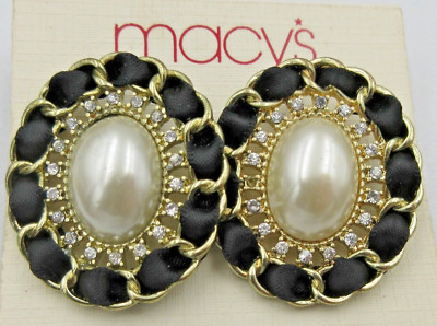 MACYS Black Gold tone mtl Rhinestone off white faux pearl Pierced Earring repair