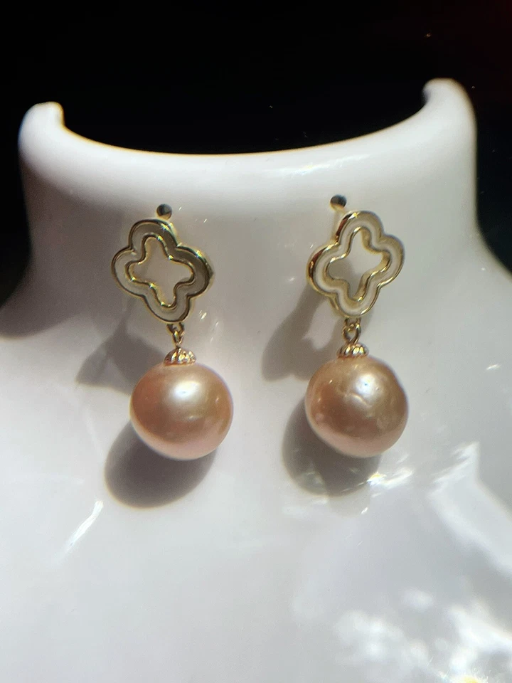 Pendientes Trébol Perla Edison Naranja Redonda 12mm, Pendientes FN Oro 18k Foto 2 de 4