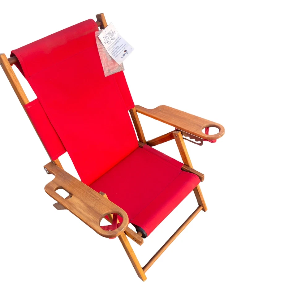 Lote de 2 sillas reclinables vintage de playa con marco de madera y lona rojas Foto 4 de 4