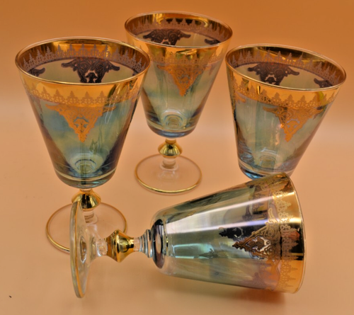Italian J Preziosi Lavorato A Mano Wine Goblets Teal Gold Trim Vintage Set Of 4 - Picture 3 of 11