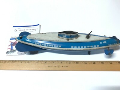 1940's VINTAGE WOLVERINE WIND UP TIN LITHOGRAPH TOY SUBMARINE GRAY/Blue RARE!