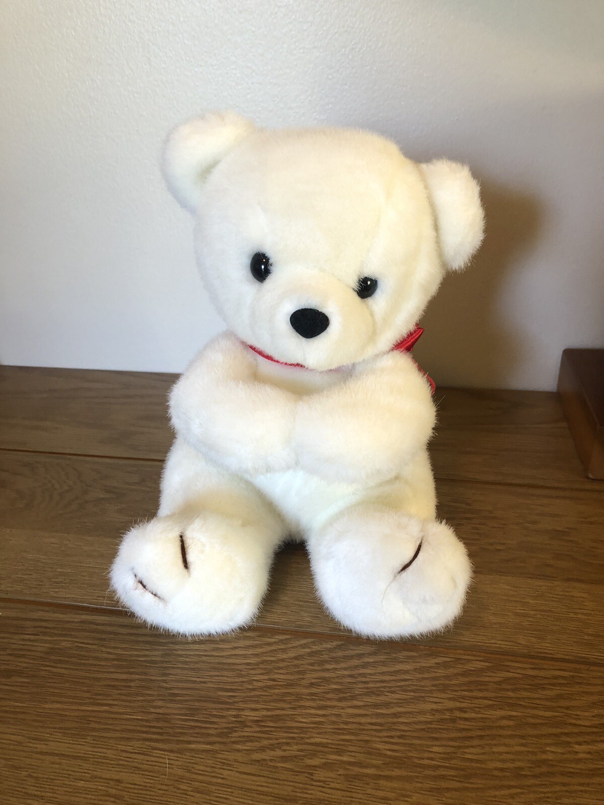 Vintage 1991 Prestige Toy Corp WHITE TEDDY BEAR Plush Red Bow Hands Together 9”