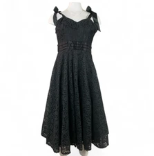 Vintage 80s Gunne Sax Black Lace Fit & Flare Dress  Midi Goth Romantic  Small