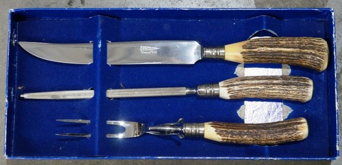JPH CO STAG HANDLE STAINLESS STEEL MEAT CARVING KNIFE FORK SHARPENING STEEL SET! - Picture 3 of 6