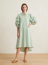 Ruffled Pinstripe High-Low Shirt Dress