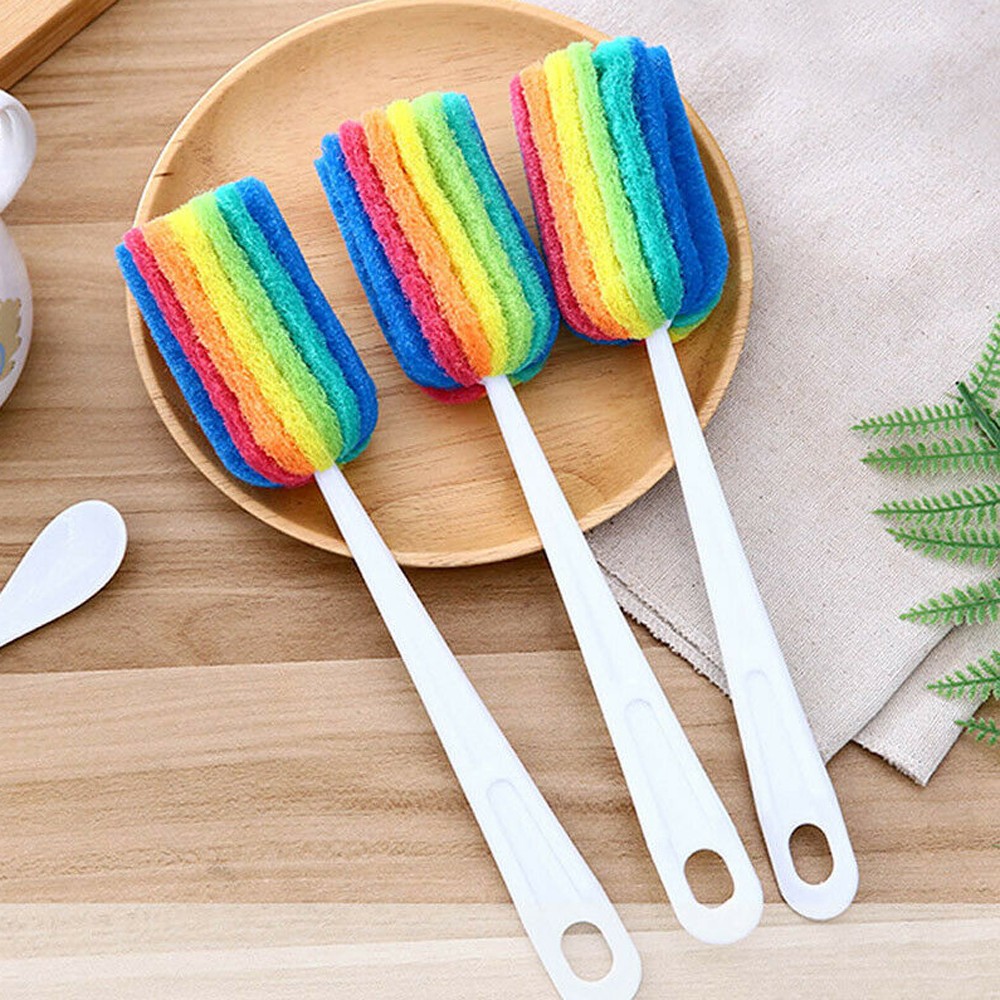 3PCS Reusable Long Handle Cleaning Brush Sponge Bottle Scrubbers Glasses Washing