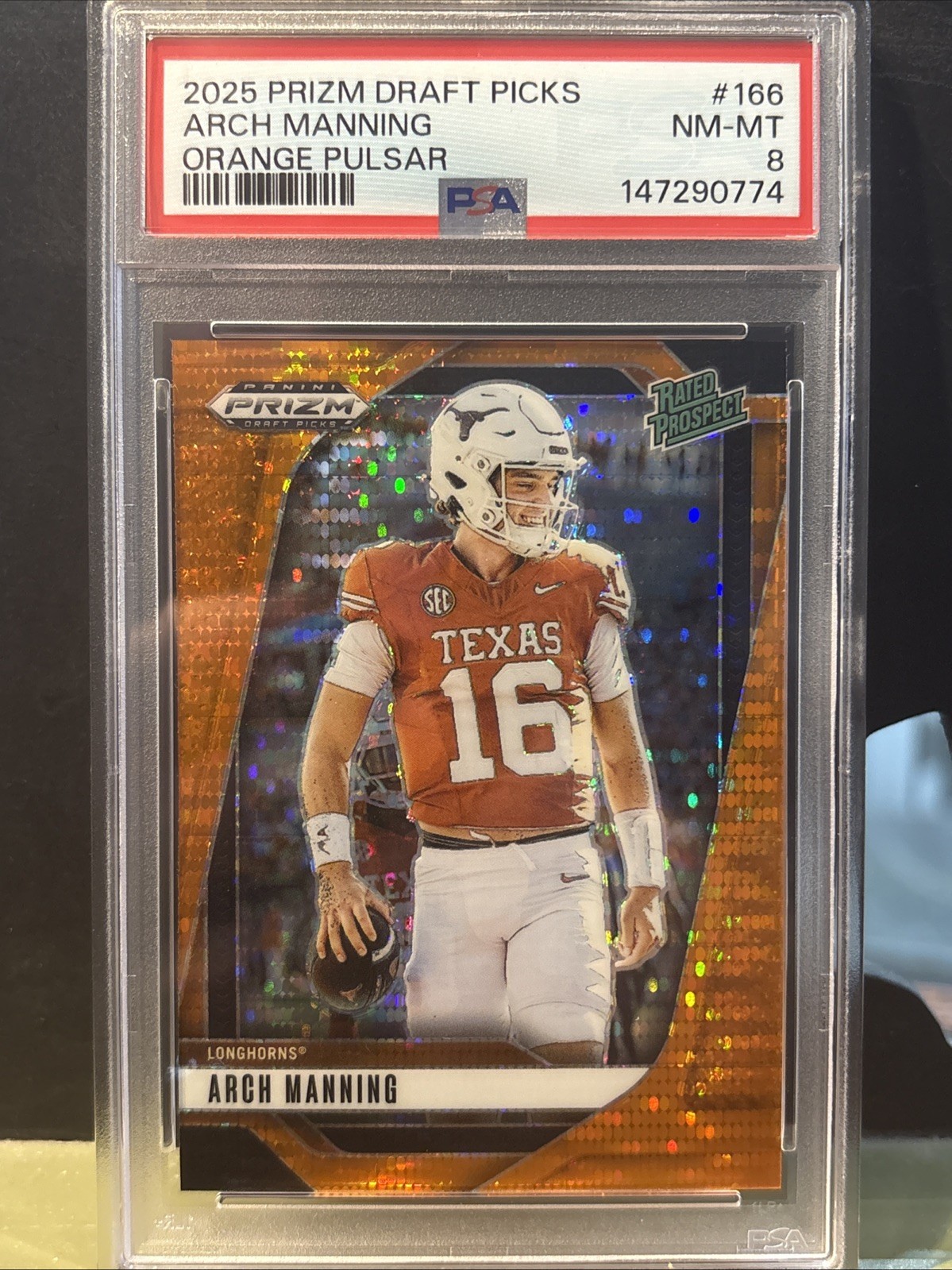 2025 Prizm Draft Picks Arch Manning #166 Orange Pulsar /75 PSA 8