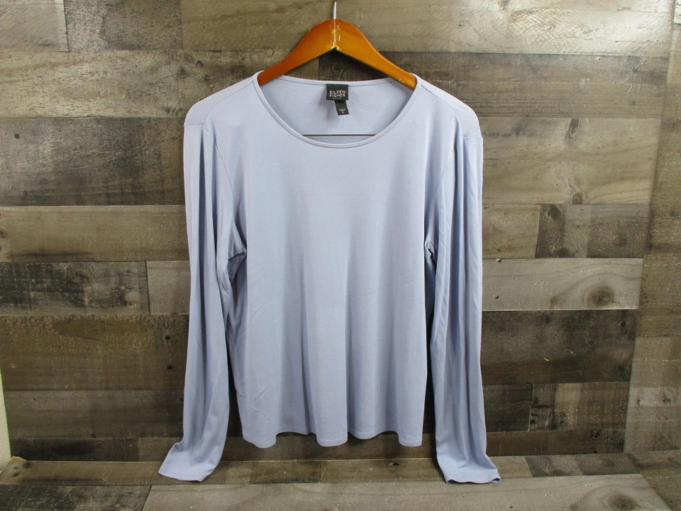 Camisa Eileen Fisher feminina pequena grande azul claro seda manga longa gola redonda - Imagem 2 de 4