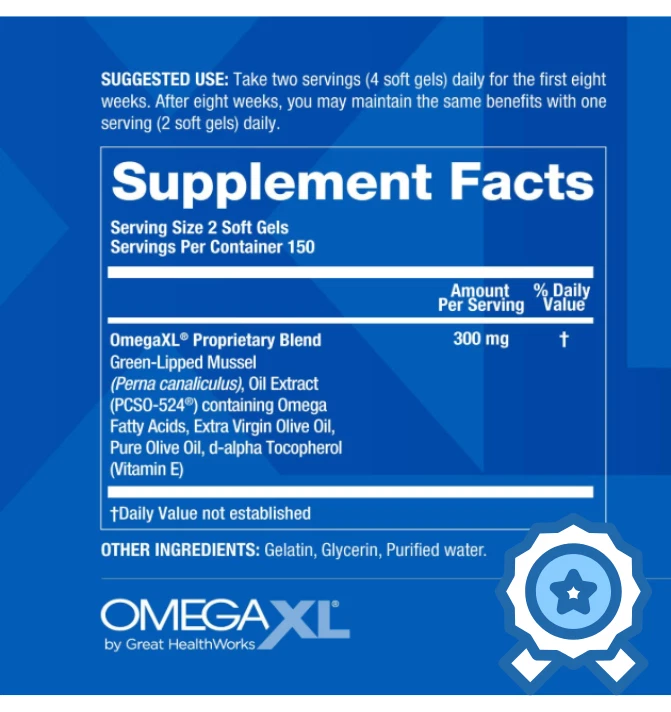 Suplemento para alívio muscular e articulação mexilhão lábio verde Omega XL 300 cápsulas - Imagem 2 de 3