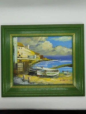 Tableau Marine Vintage Signé – Barques de Pêche Village Côtier – Cadre Bois - Photo 1/4