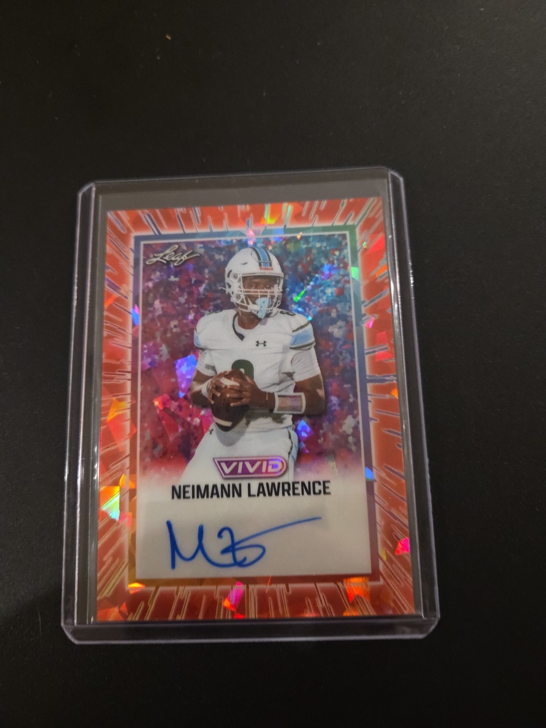 2025 Leaf VIVID Football Neimann Lawrence AUTO Orange Ice 1/1 Top QB Recruit view 1