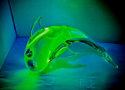 Massive Uranium Murano 10'' blue and green dolphin art glass sculpture