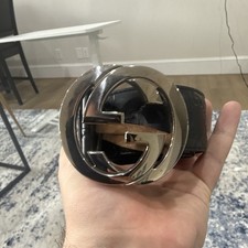 Gucci Men's Black Logo Embossed Belt Silver Buckle Adjustable Dress Designer