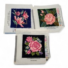 Lot of 3 Dimensions Vtg Finished Needlepoint Flowers on Canvas 5"x5" Unframed