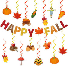 Happy Fall Glitter Banner with 15 Hanging Swirls, Fall Thanksgiving Day Decorati