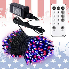 Red White Blue LED String Lights 105ft 300 LEDs 8 Modes Timer Waterproof Indoor/