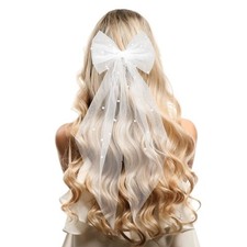 Yolev Bridal Hair Bow Veil with Pearl White Wedding Veil with Barrette Short ...